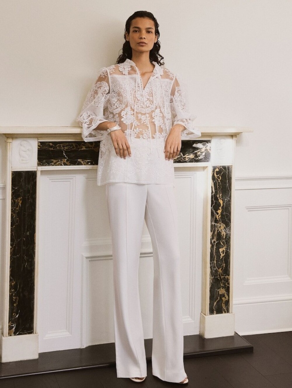 Reiss Demi Sheer Lace Tie-Neck Blouse in Ivory - Picture 3 of 16